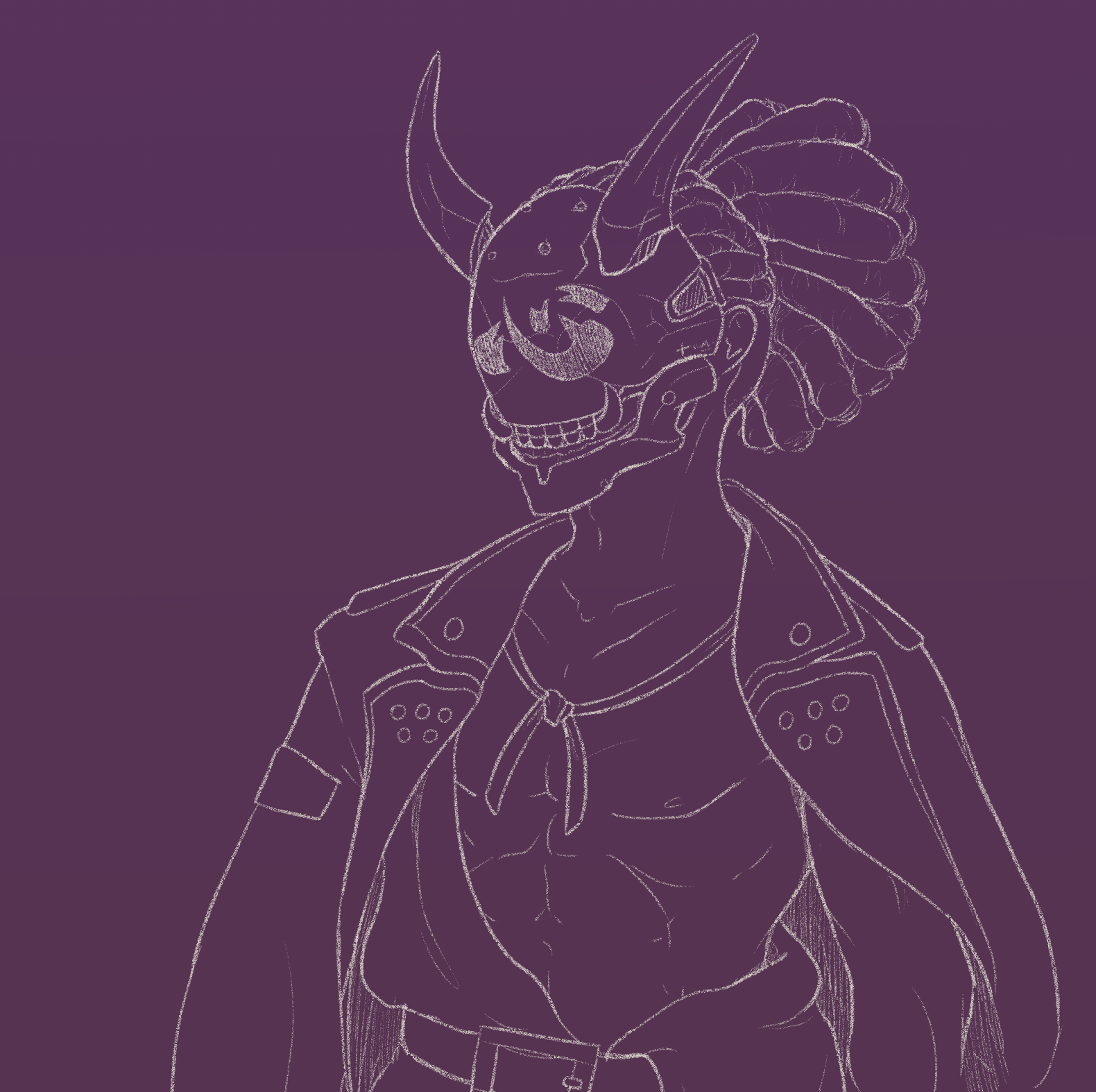 white line art on dark purple background of nagoriyuki from guilty gear